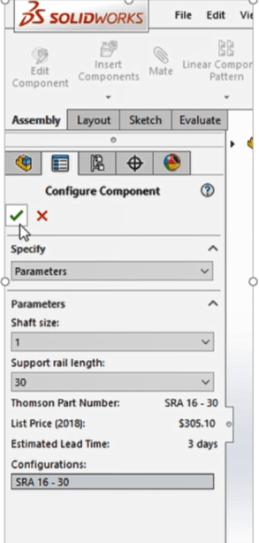 Drop-down menu for shafting configurable model